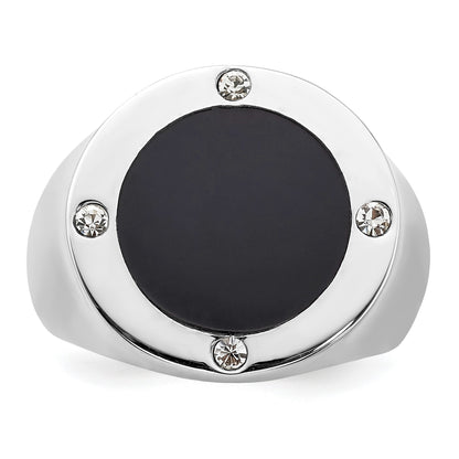 Sterling Silver Rhodium Plated Black Simulated Onyx & CZ Ring