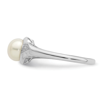 Sterling Silver Rhodium Plated Diamond and FW Cultured Pearl Ring