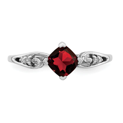 Sterling Silver Rhodium Plated Diamond and Garnet Cushion Ring