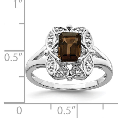 Sterling Silver Rhodium Diam. & Smoky Quartz Ring