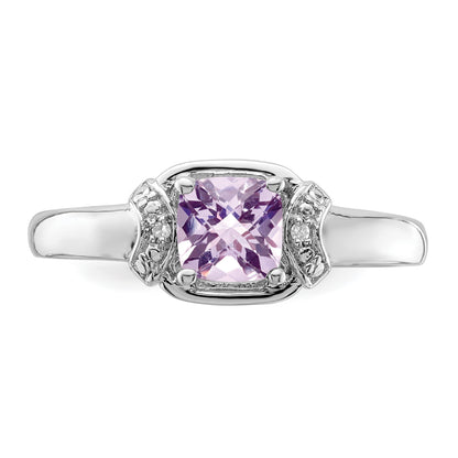 Sterling Silver Rhodium Diam. & Pink Quartz Ring