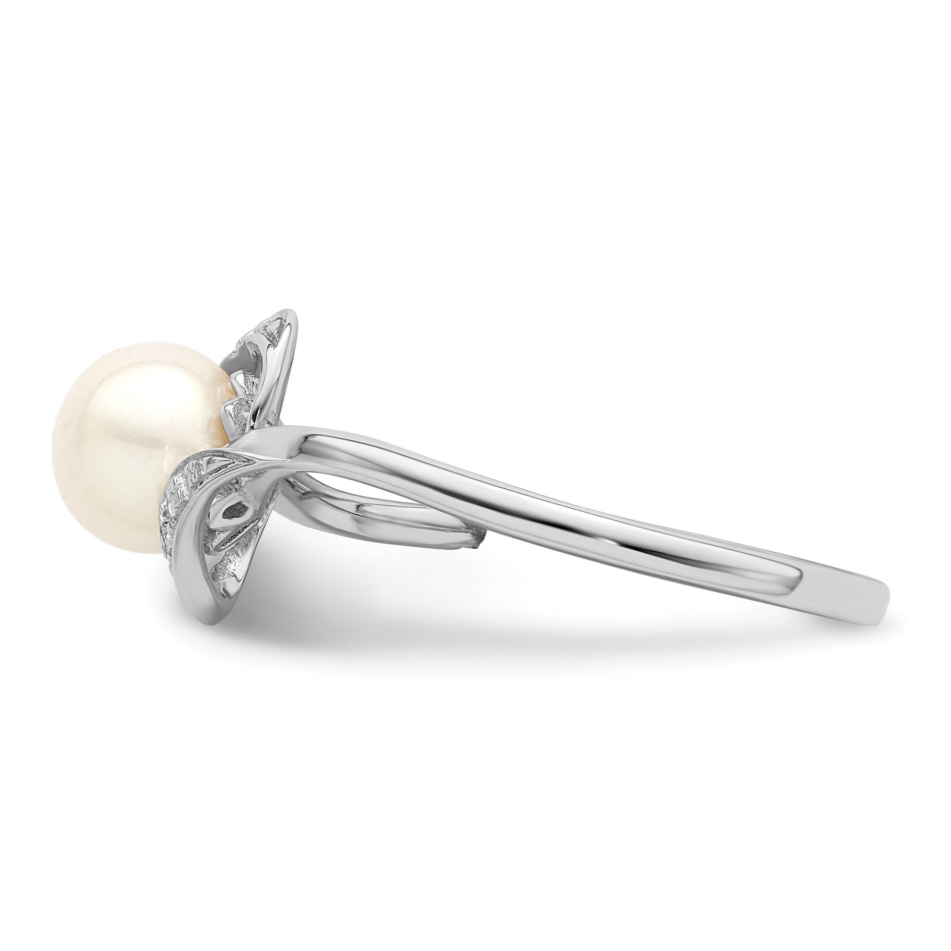 Sterling Silver Rhodium Plated Diamond and FW Cultured Pearl Ring