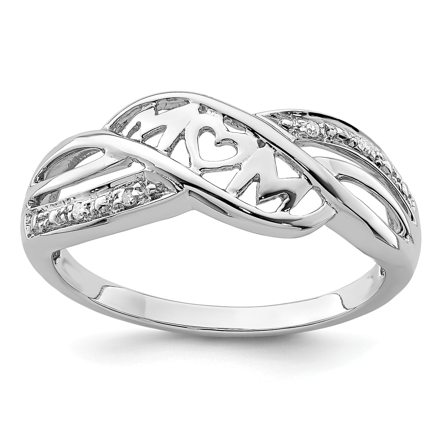 Sterling Silver Rhodium Plated Diamond Heart MOM Ring