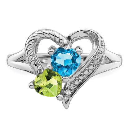 Sterling Silver Rhodium Blue Topaz Peridot Diam. Ring