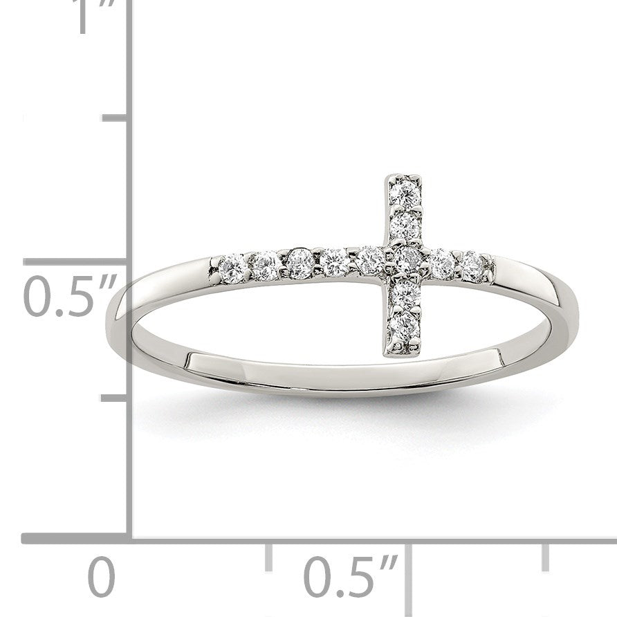 Sterling Silver Rhodium-plated CZ Sideways Cross Ring