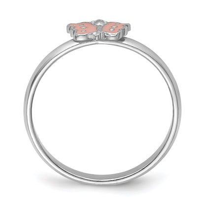 Sterling Silver RH-plated Polished Pink Enameled Butterfly Children's Ring