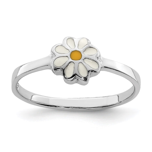 Sterling Silver RH-plated White & Yellow Enameled Daisy Children's Ring