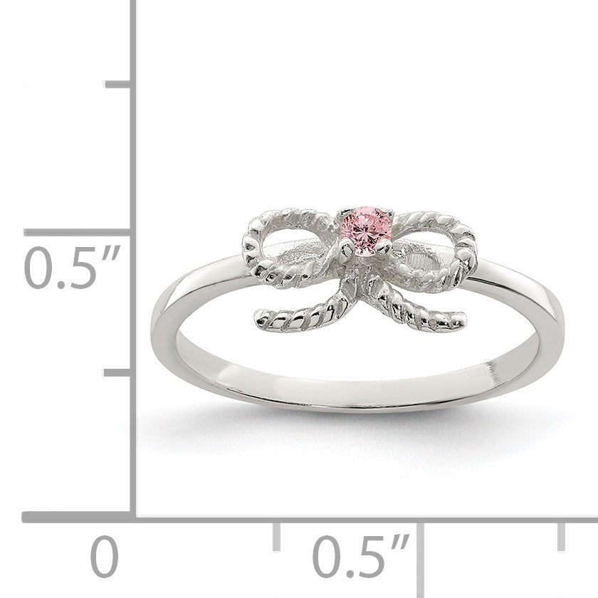 Sterling Silver Polished & Twisted Pink CZ Bow Children's Ring