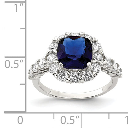 Sterling Silver Rhodium-plated Polished Blue Glass and CZ Ring