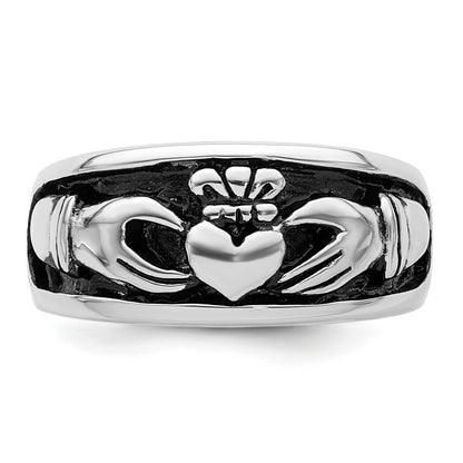 Sterling Silver Rhodium-plated Antiqued Claddagh Ring