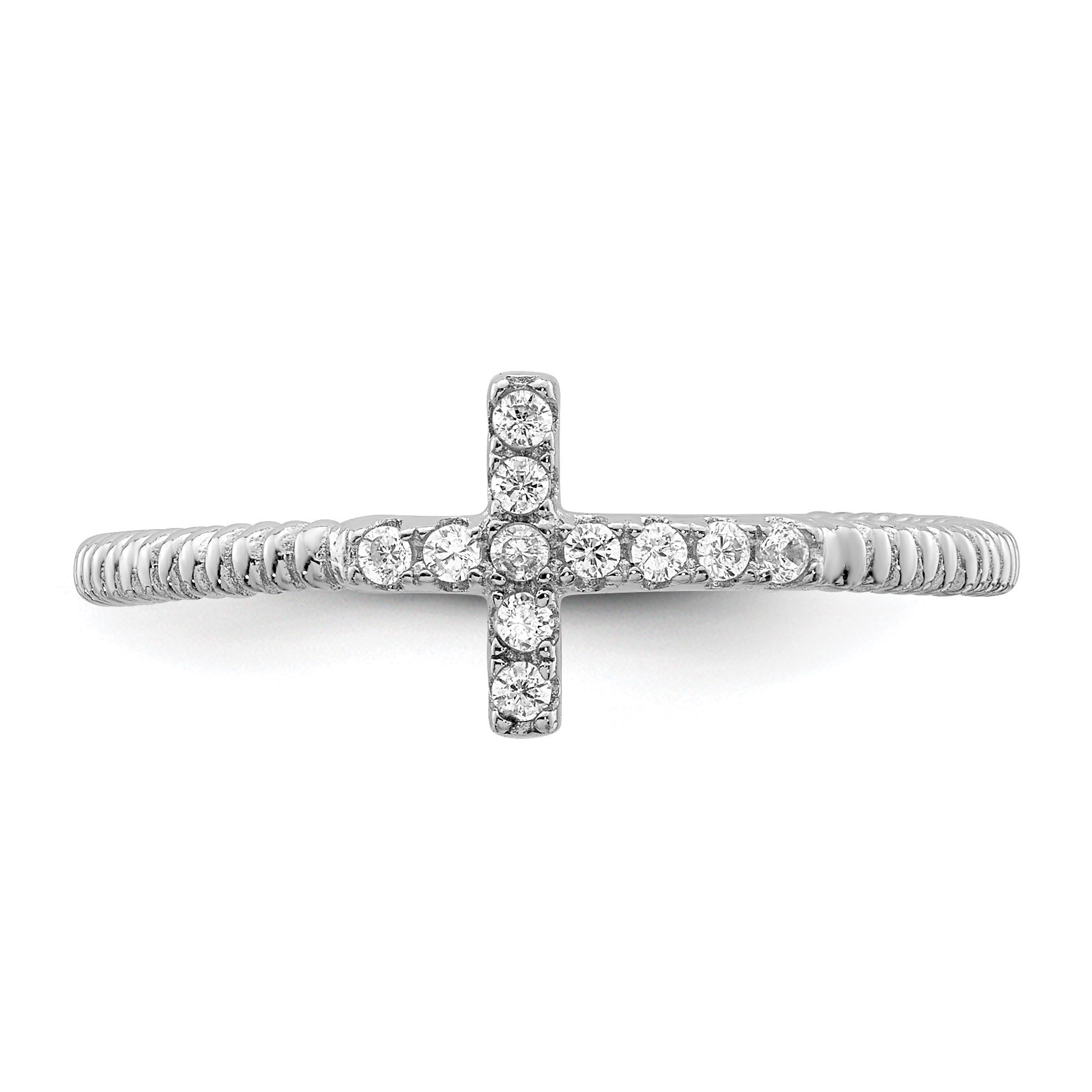 Sterling Silver Rhodium-plated Polished & Textured CZ Cross Ring