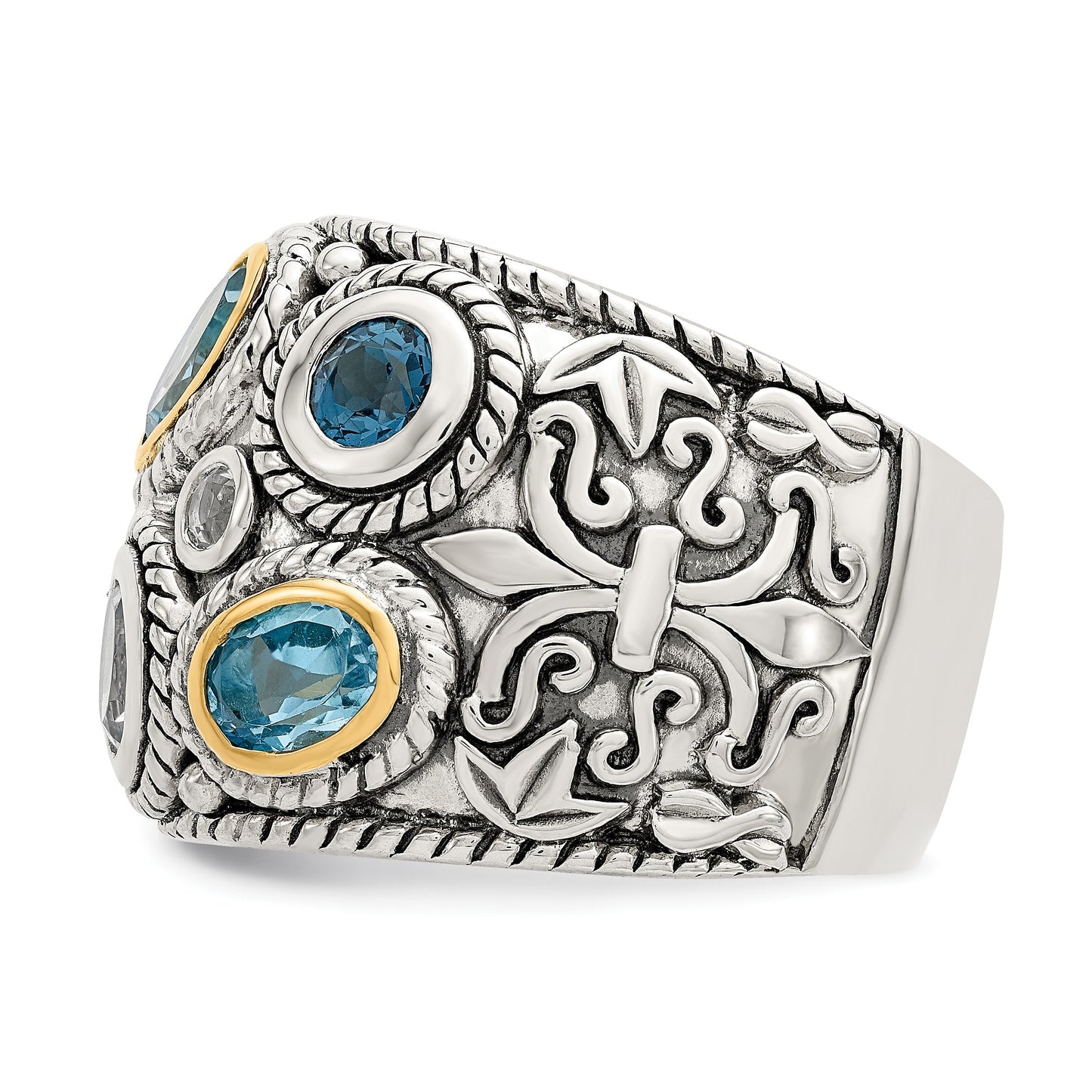 Sterling Silver RH-plated w/14k Gold and Blue Topaz Fancy Ring