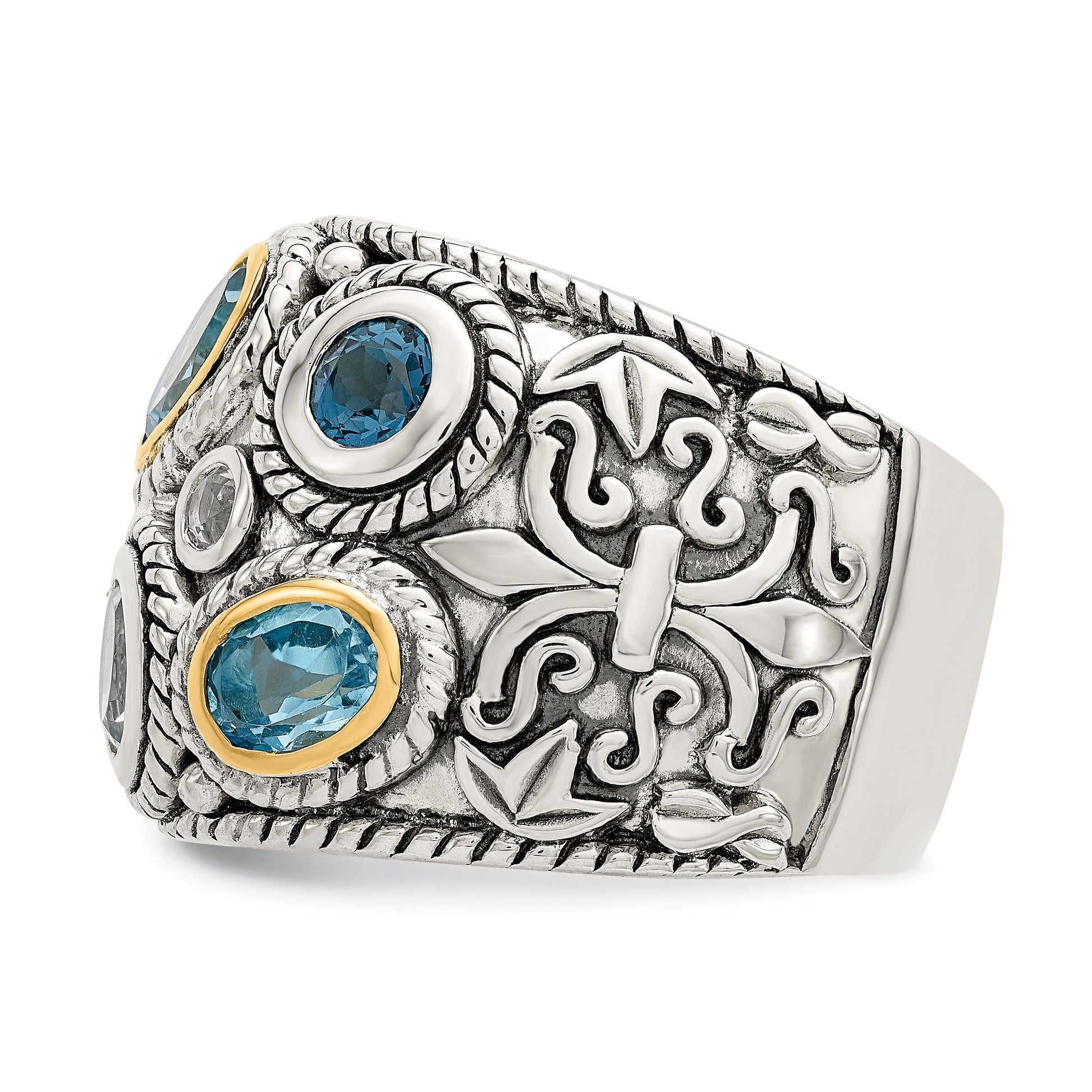 Sterling Silver RH-plated w/14k Gold and Blue Topaz Fancy Ring