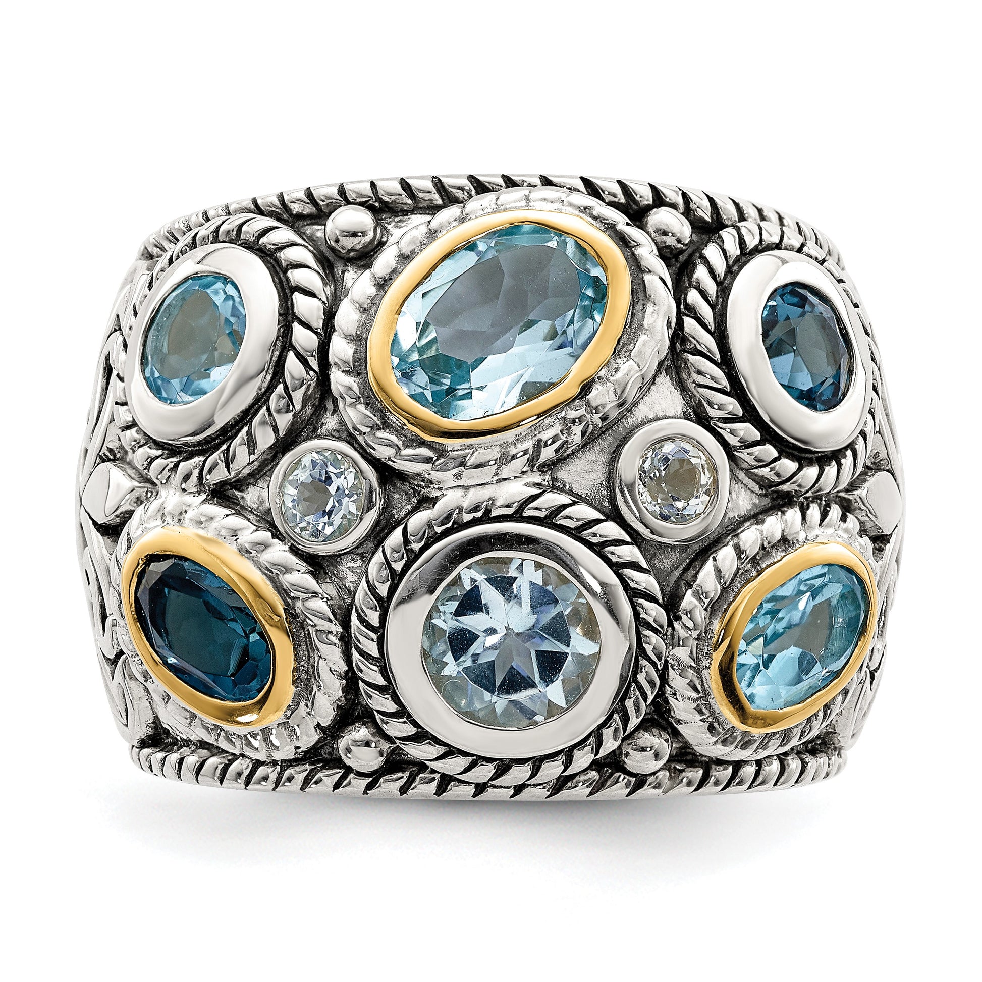 Sterling Silver RH-plated w/14k Gold and Blue Topaz Fancy Ring
