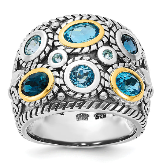 Sterling Silver RH-plated w/14k Gold and Blue Topaz Fancy Ring