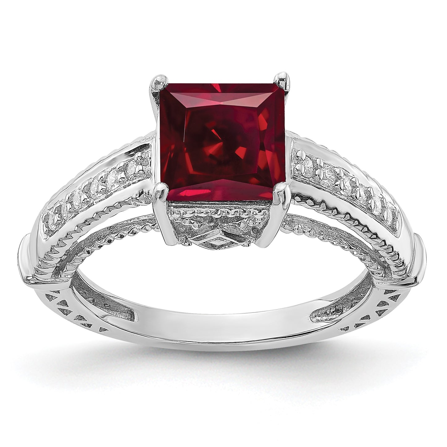 Sterling Silver Rhodium-plated Lab Created Ruby and CZ Ring