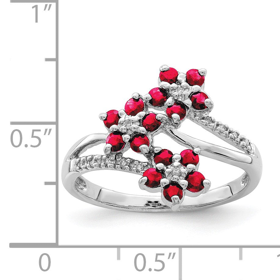 Sterling Silver Rhodium-plated 3 Flower Ruby and Diamond Ring