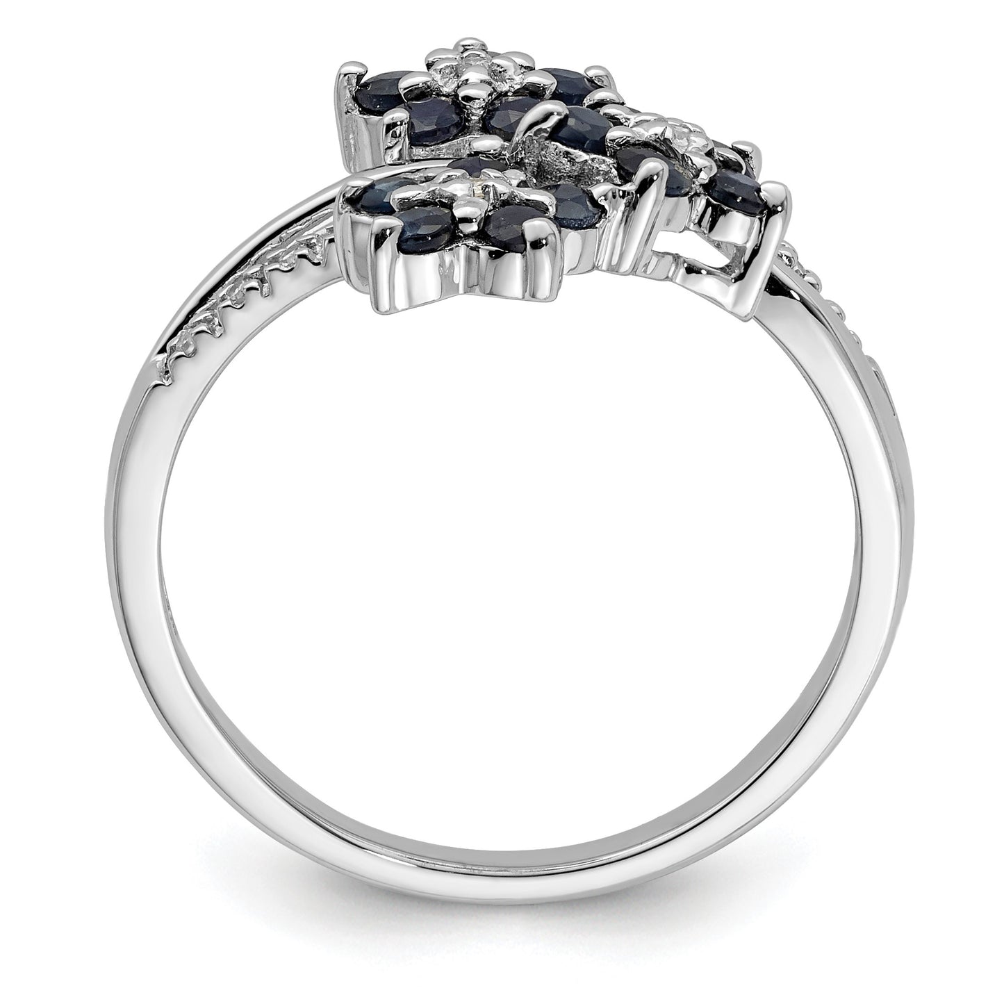Sterling Silver Rhodium-plated 3 Flower Sapphire and Diamond Ring