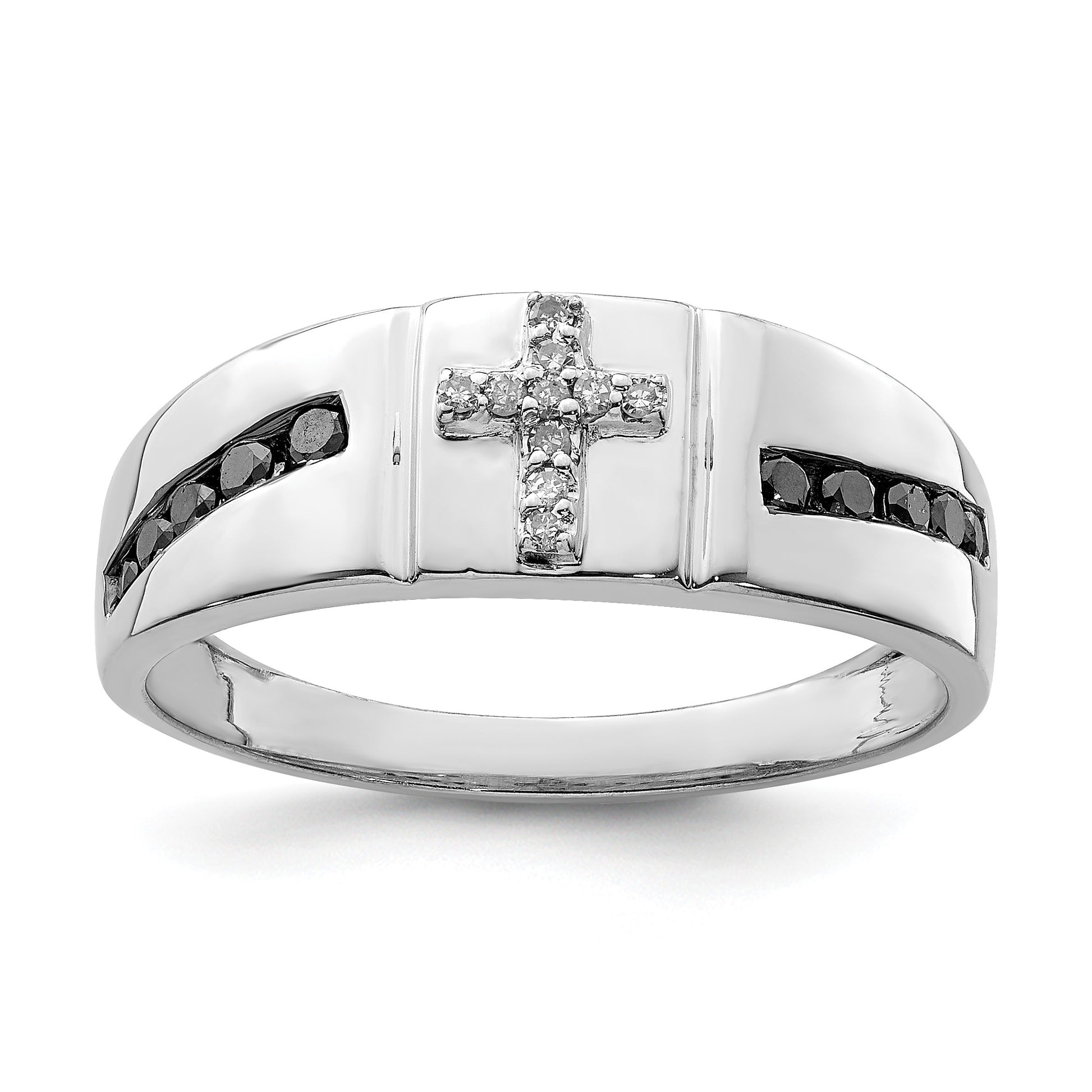 Sterling Silver Rhodium Plated Black and White Diam. Cross Men's Ring