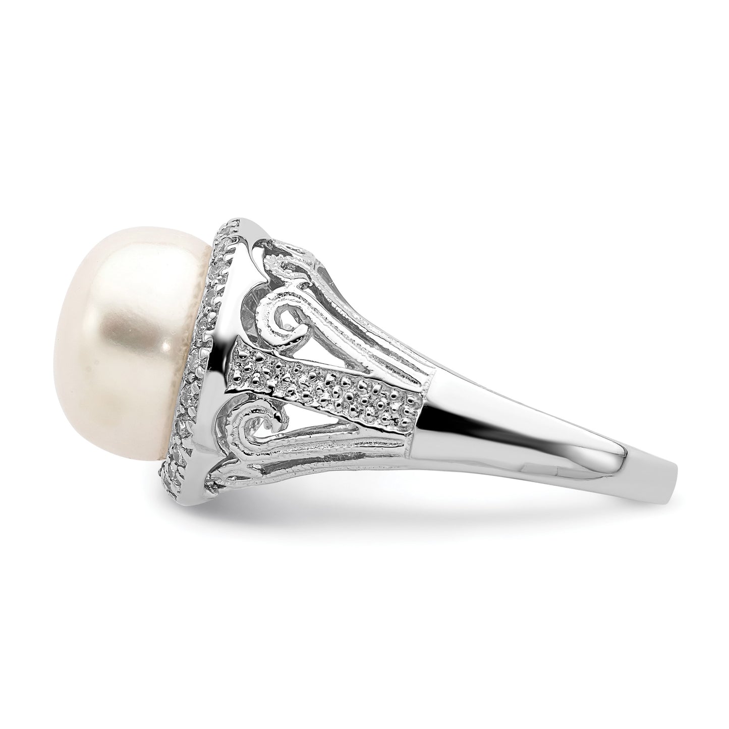 Sterling Silver Rhodium-plated 10-11mm White Button Freshwater Cultured Pearl and CZ Ring
