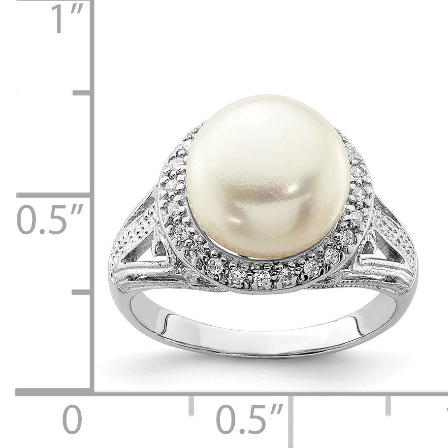 Sterling Silver Rhodium-plated 10-11mm White Button Freshwater Cultured Pearl and CZ Ring