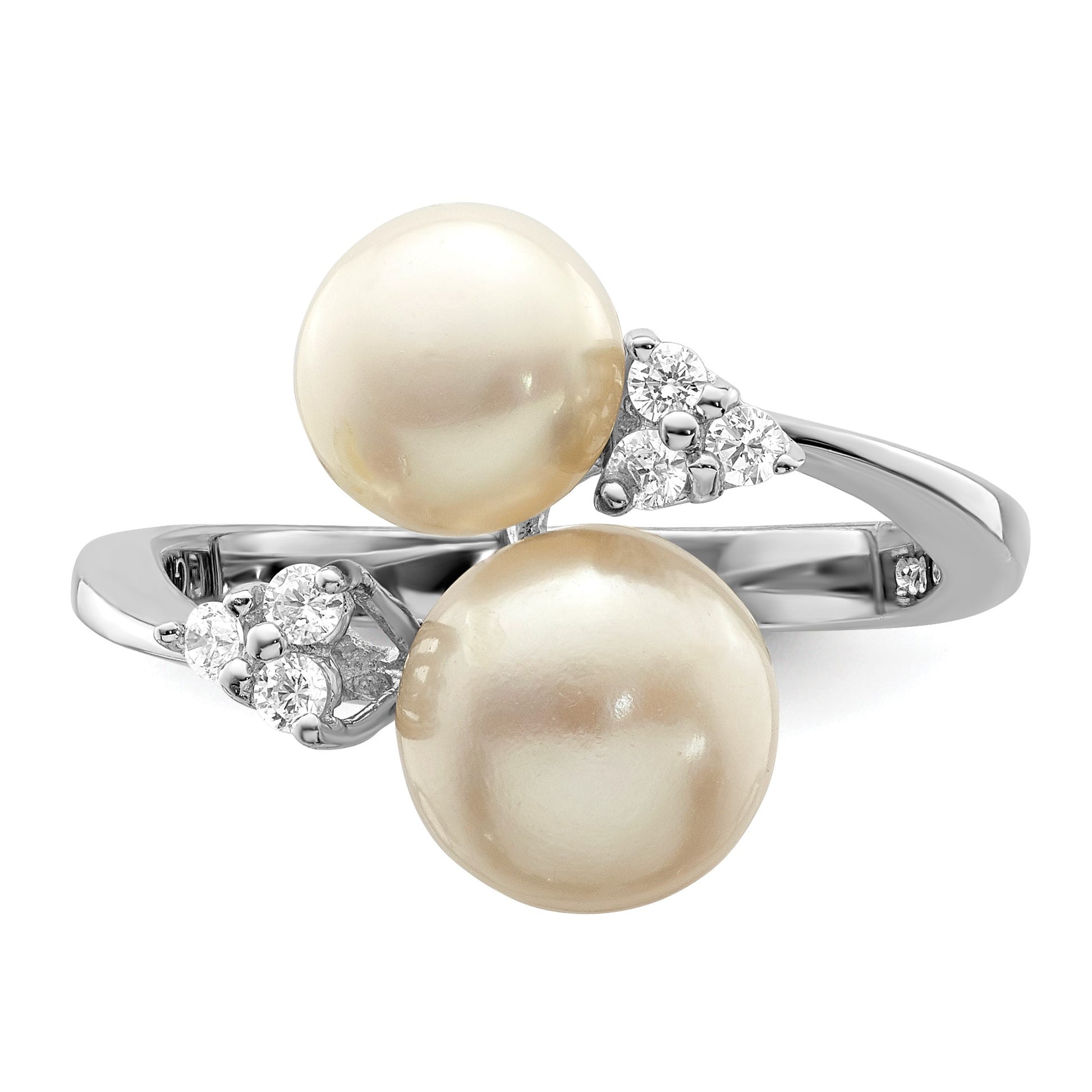 Sterling Silver Rhodium-plated 8-9mm White Button Freshwater Cultured Pearl and CZ Ring
