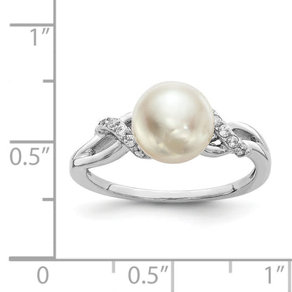 Sterling Silver Rhodium-plated 8-9mm White Button Freshwater Cultured Pearl and CZ Ring