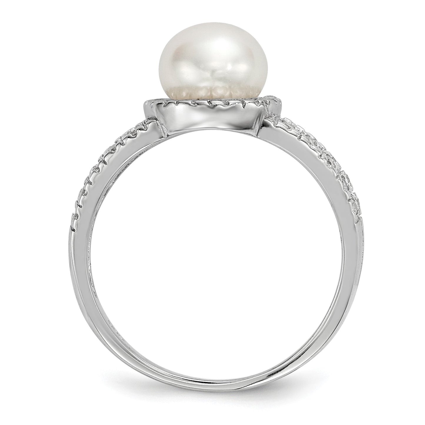 Sterling Silver Rhodium-plated 7-8mm White Button Freshwater Cultured Pearl and CZ Ring