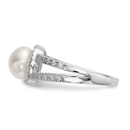 Sterling Silver Rhodium-plated 7-8mm White Button Freshwater Cultured Pearl and CZ Ring