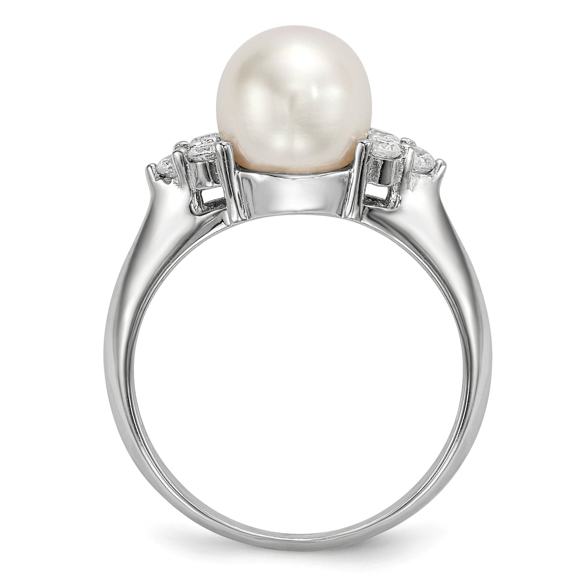 Sterling Silver Rhodium-plated 8-9mm White Button Freshwater Cultured Pearl and CZ Ring