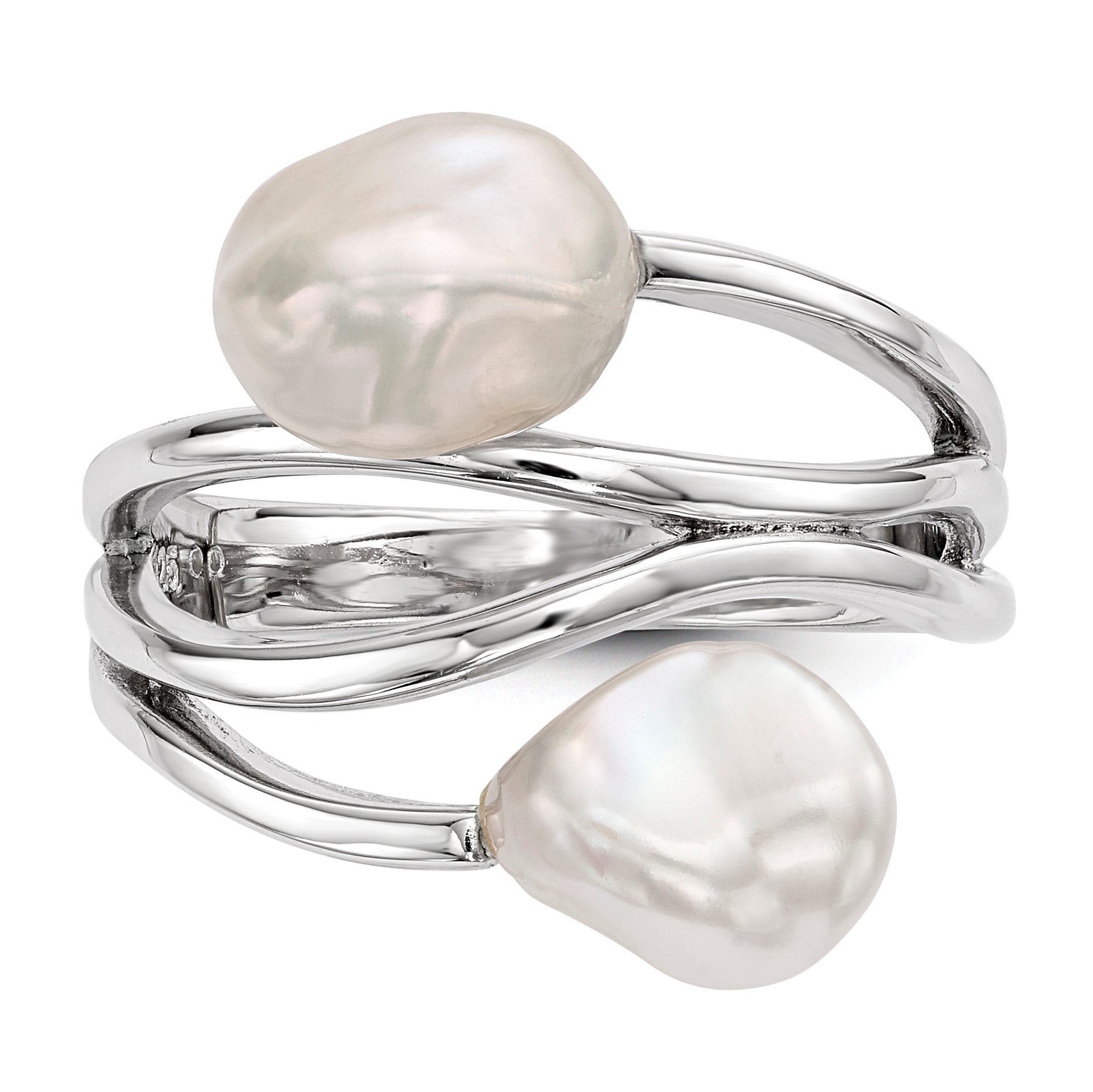 Sterling Silver Rhodium-plated 7-8mm White Baroque Freshwater Cultured Pearl Ring