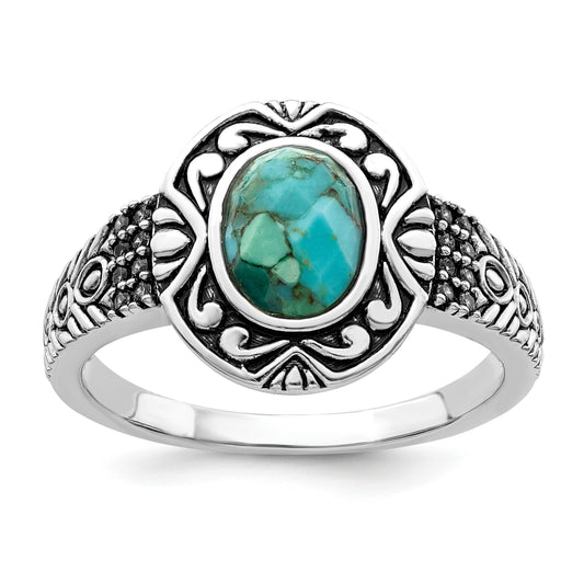 Sterling Silver Rhodium-plated Oxidized Faceted Recon. Turquoise Ring