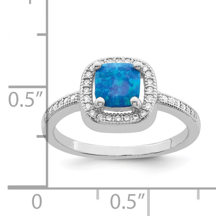 Sterling Silver Rhodium-plated Square Blue Created Opal CZ Ring