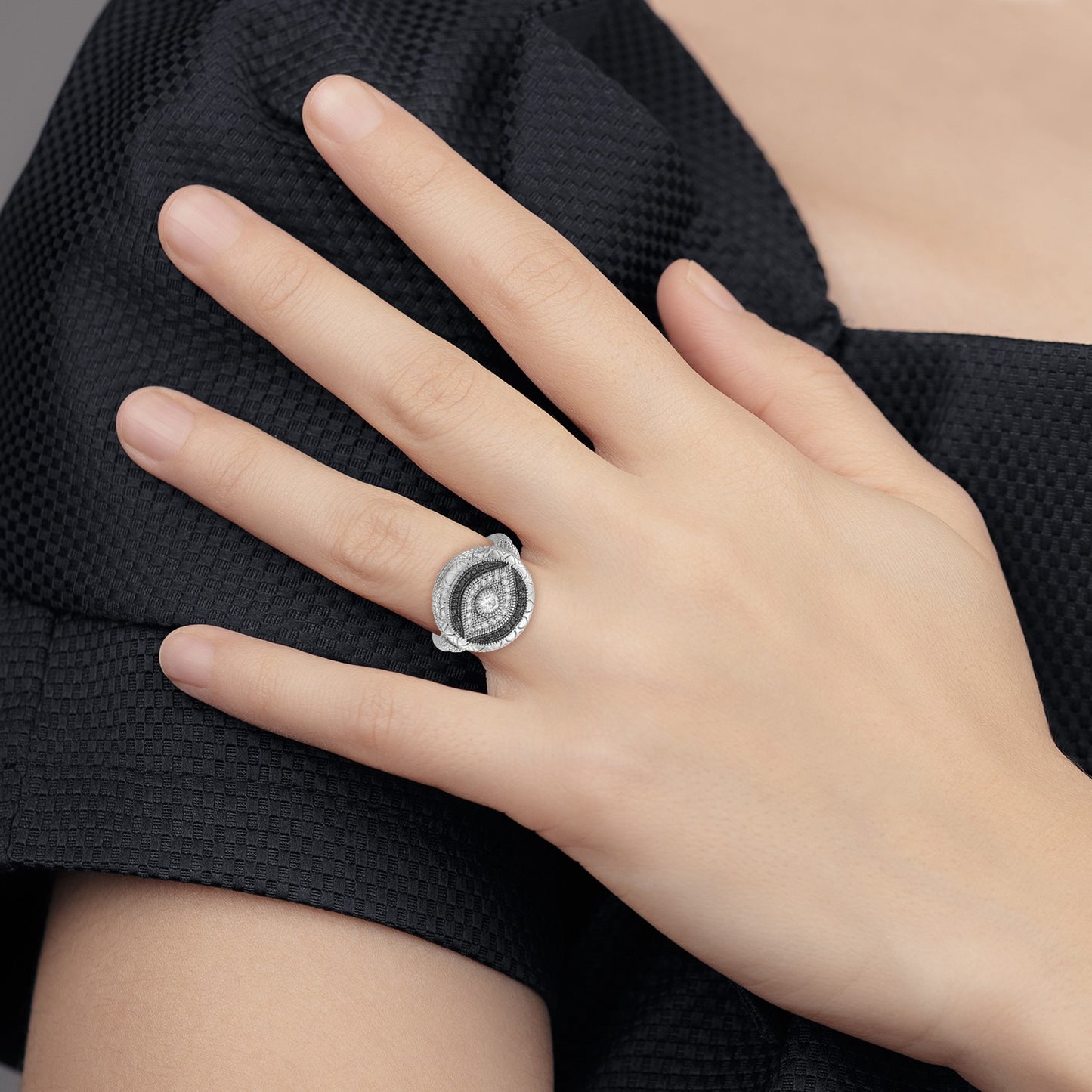 Sterling Silver Rhodium-plated Black and White CZ Evil Eye Ring