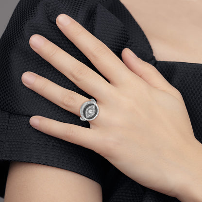 Sterling Silver Rhodium-plated Black and White CZ Evil Eye Ring