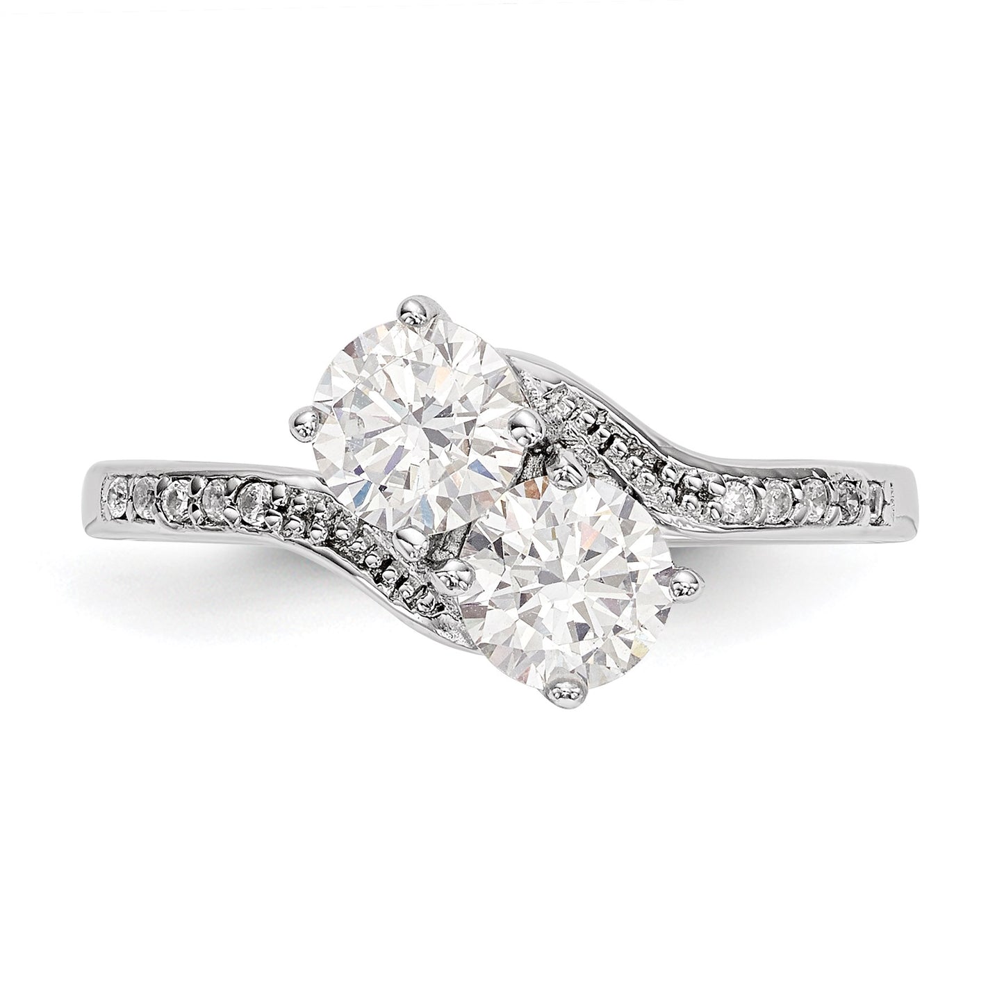 Sterling Silver Rhodium-plated Two Stone CZ Bypass Ring