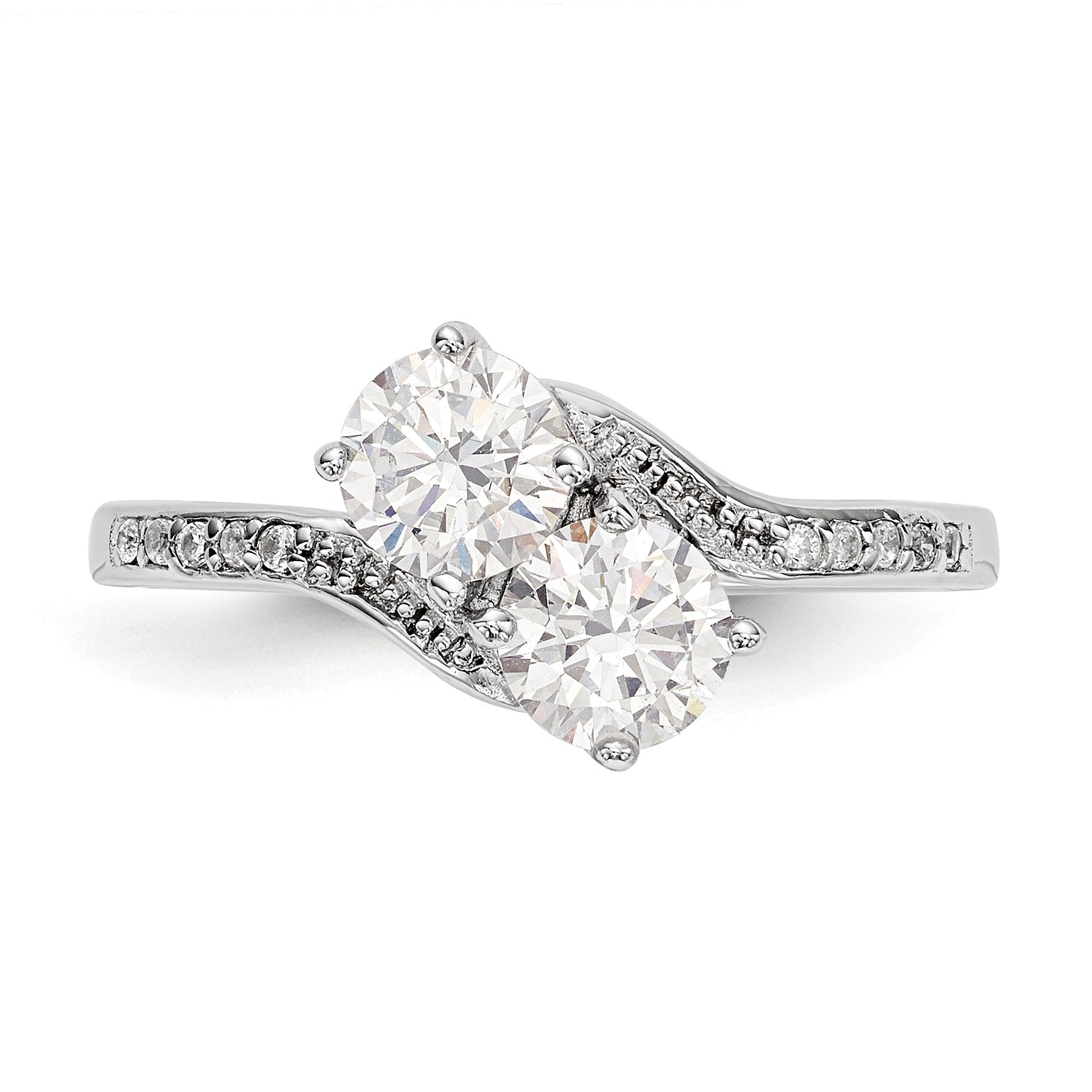 Sterling Silver Rhodium-plated Two Stone CZ Bypass Ring