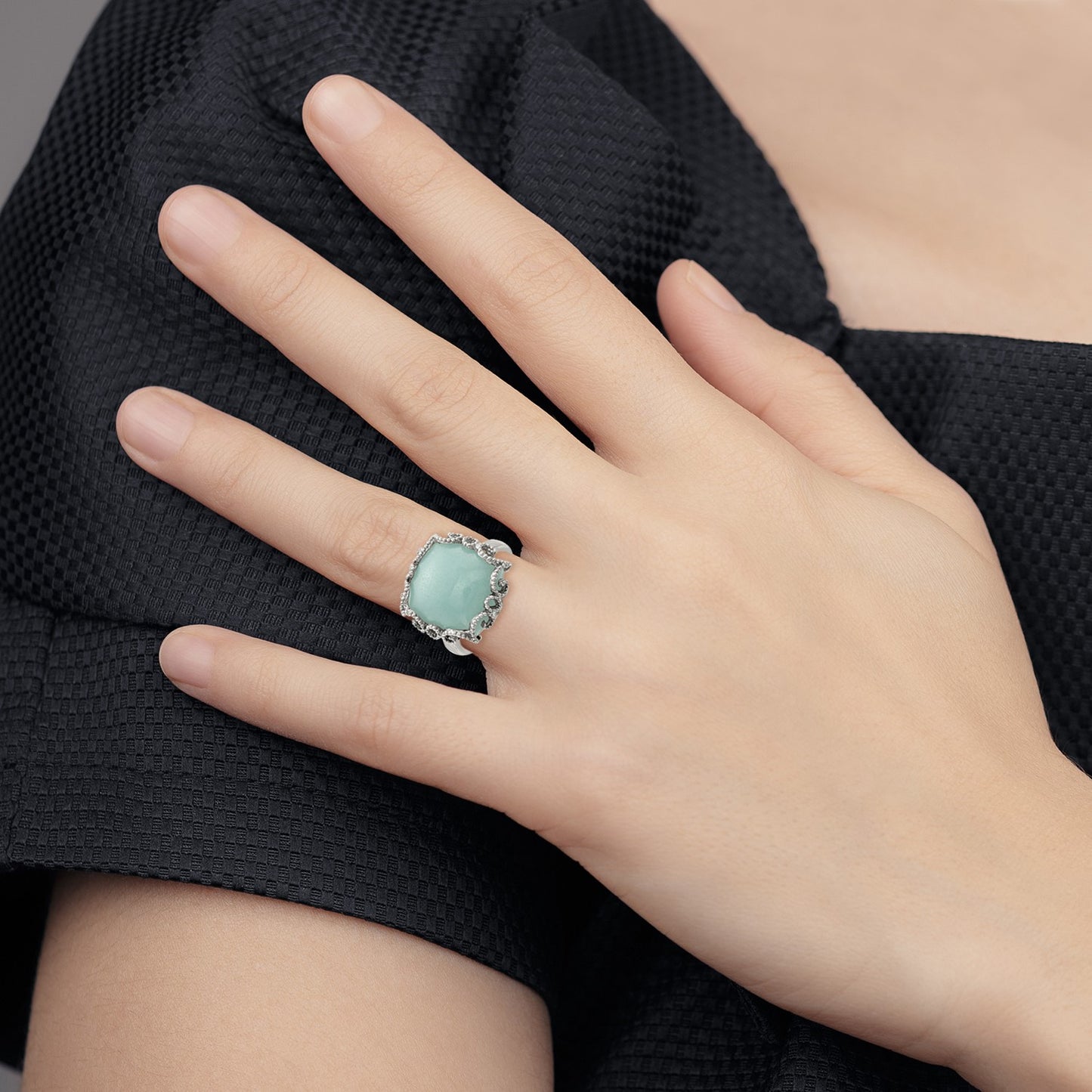Sterling Silver Rhod-plated Created Amazonite Polished/Textured Ring