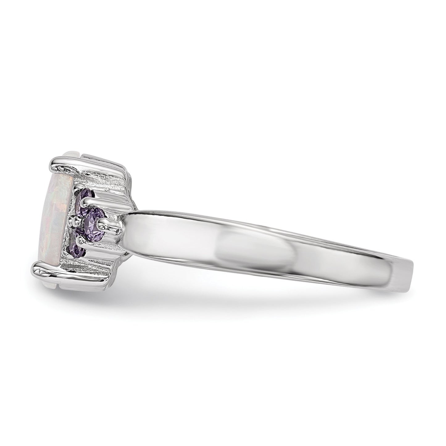 Sterling Silver Rhodium-plated Oval Created Opal w/Purple CZ Ring