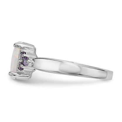 Sterling Silver Rhodium-plated Oval Created Opal w/Purple CZ Ring
