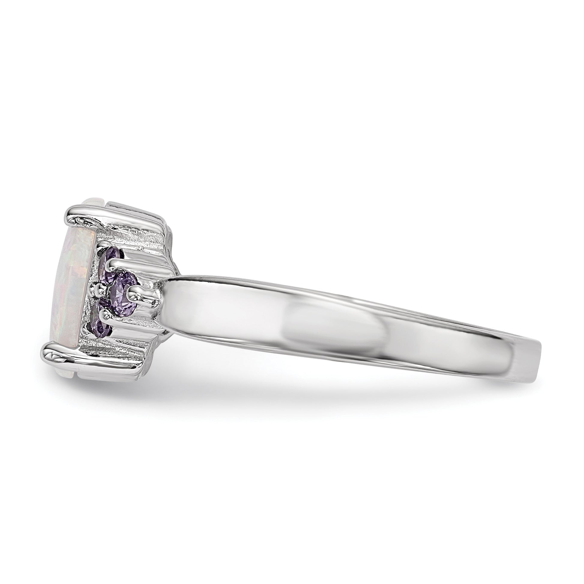 Sterling Silver Rhodium-plated Oval Created Opal w/Purple CZ Ring