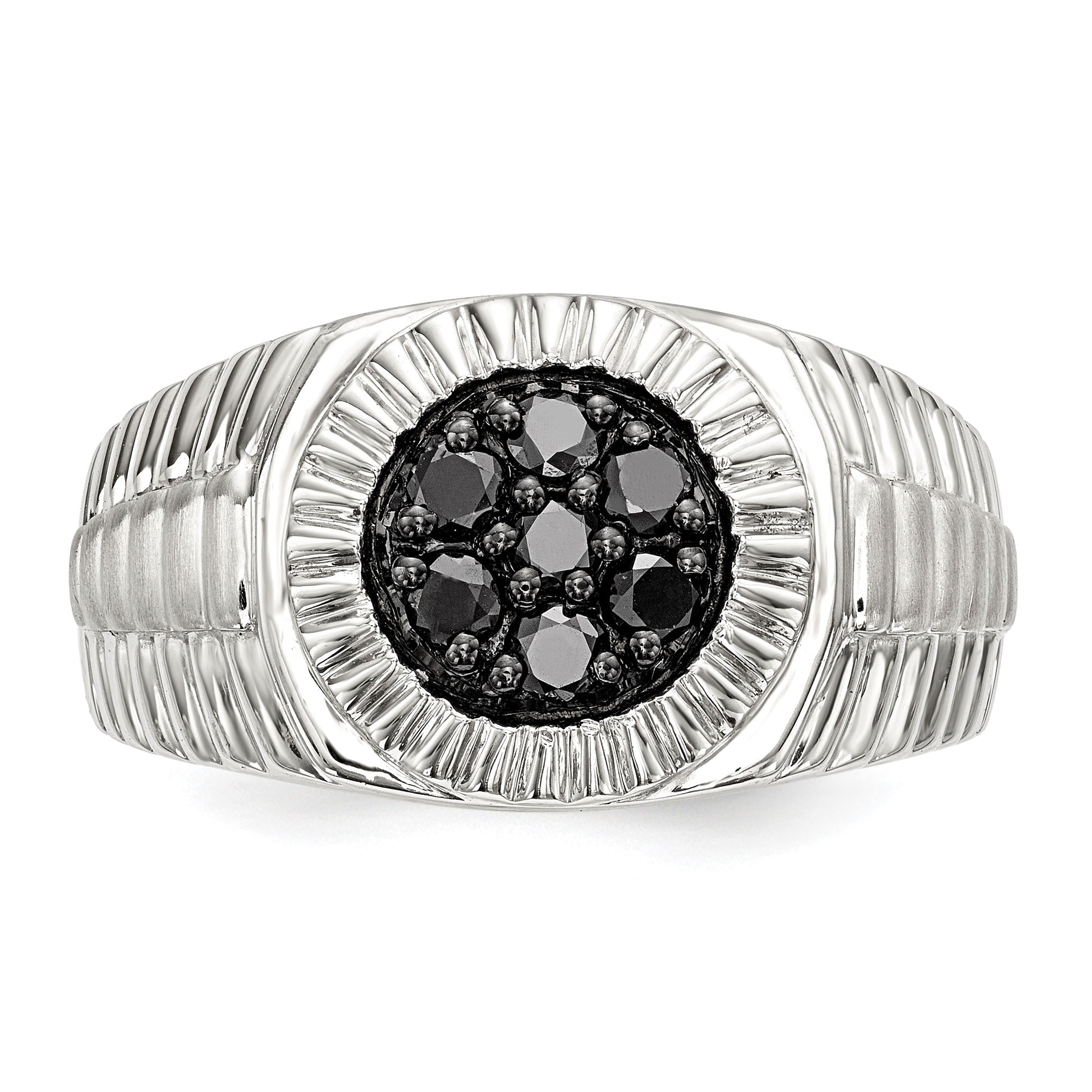 Sterling Silver Rhod-plated Mens Black Diamond Polished/Satin Ring