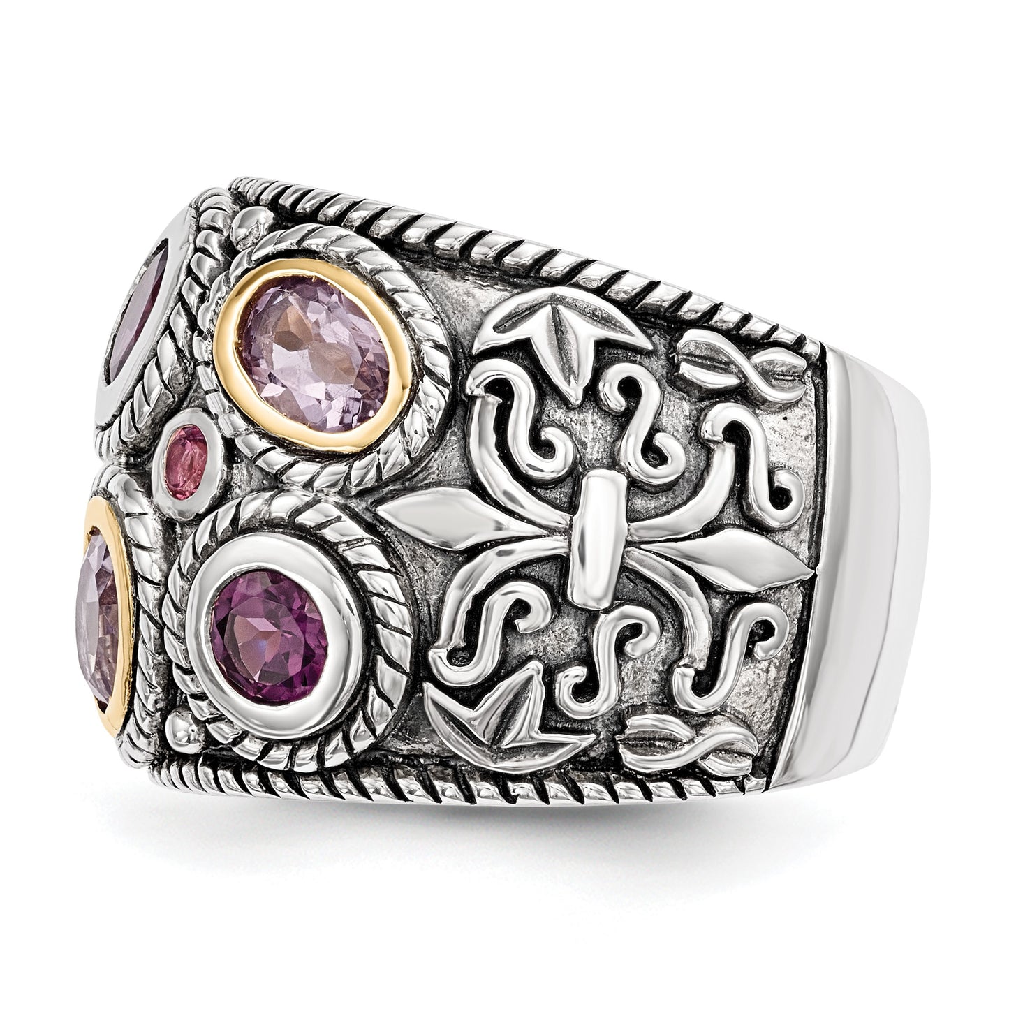 Sterling Silver Rhod w/14k Pink Qrtz Rhodolite GA & Pink Tourmaline Ring
