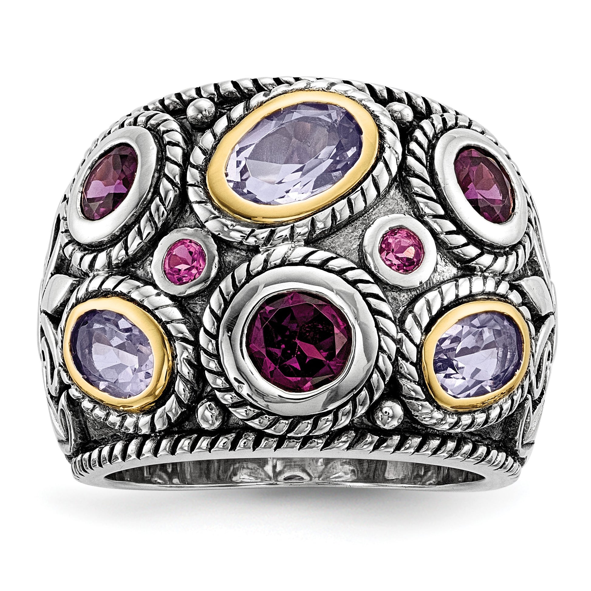Sterling Silver Rhod w/14k Pink Qrtz Rhodolite GA & Pink Tourmaline Ring