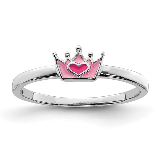 Sterling Silver Rhodium-plated Polished Pink Enamel Crown Size 4 Ring