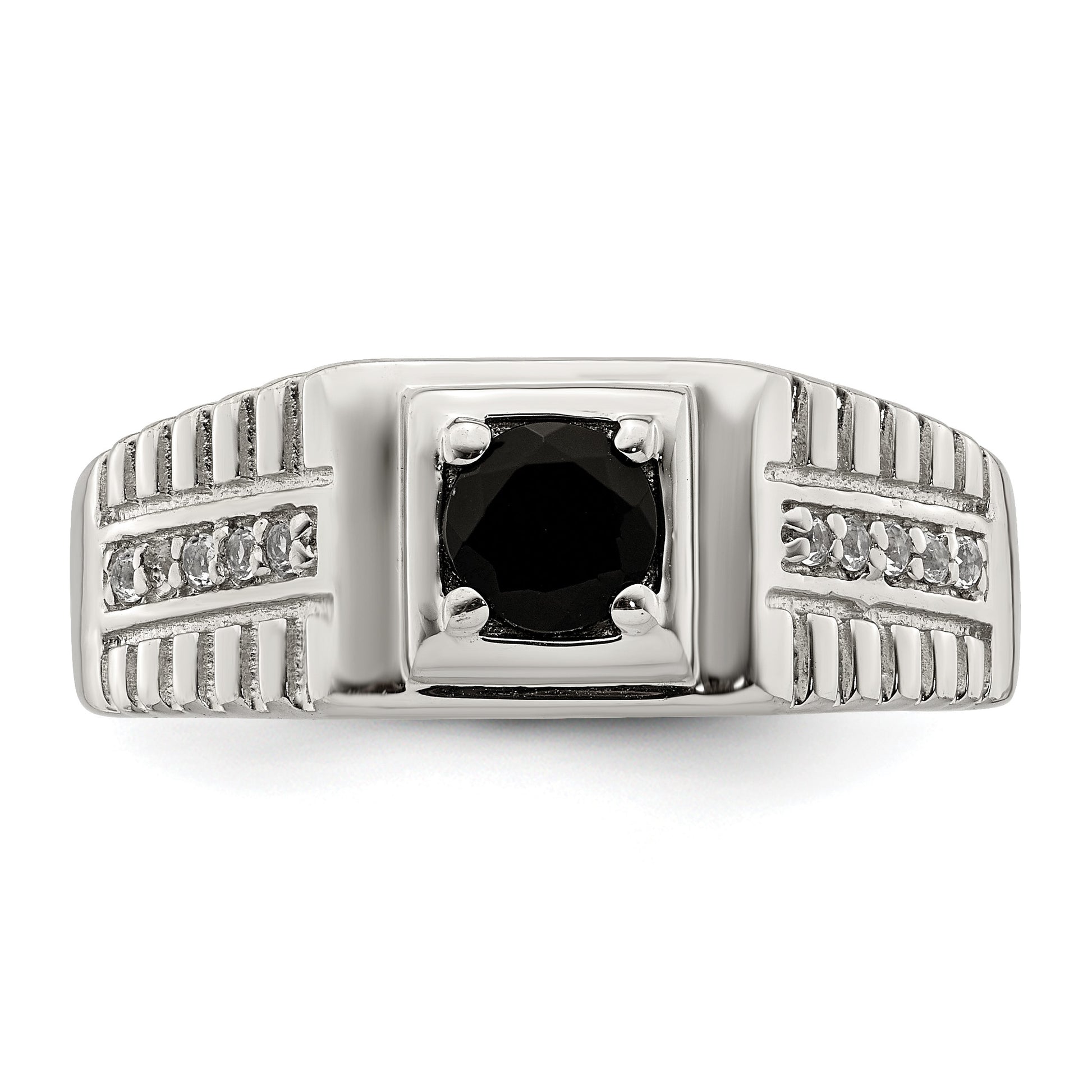 Sterling Silver Rhodium-plated Men's Onyx and White Topaz Ring