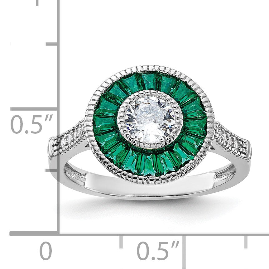 Sterling Silver Rhodium-plated Synthetic Green Spinel and CZ Ring