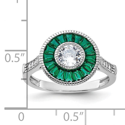 Sterling Silver Rhodium-plated Synthetic Green Spinel and CZ Ring