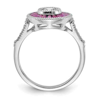 Sterling Silver Rhodium-plated Polished Created Ruby and CZ Ring