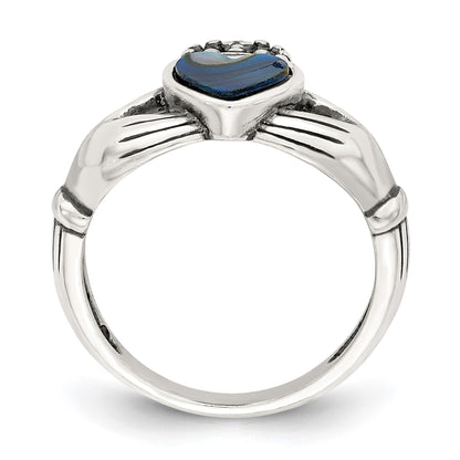 Sterling Silver Antiqued Abalone Inlay and Black Enamel Claddagh Ring